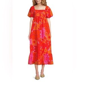 J.MARIE LIZZIE SQUARE NECK SHORT PUFF SLEEVE MIDI DRESS ( Sz M)